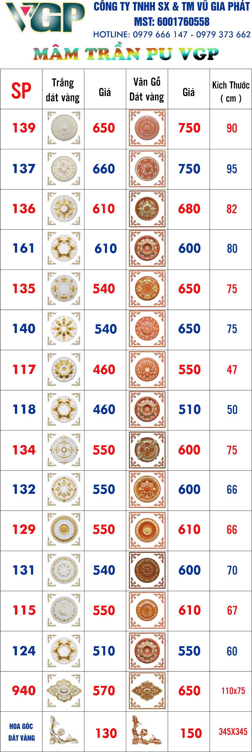 Báo giá mâm trần pu